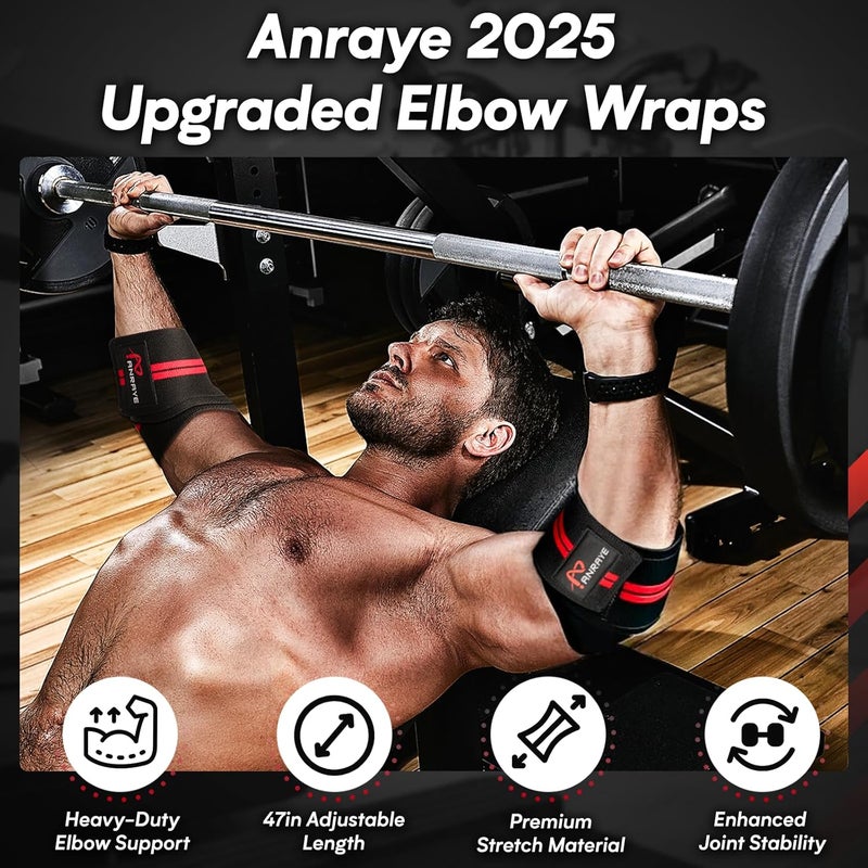 Anraye Elbow Wraps for Weightlifting - 47" Adjustable Compression Straps & Brace for Joint Support (1 Pair), Elbow Wraps Weight Lifting Men Women for Bench Press Powerlifting and Fitness Training - Image 2